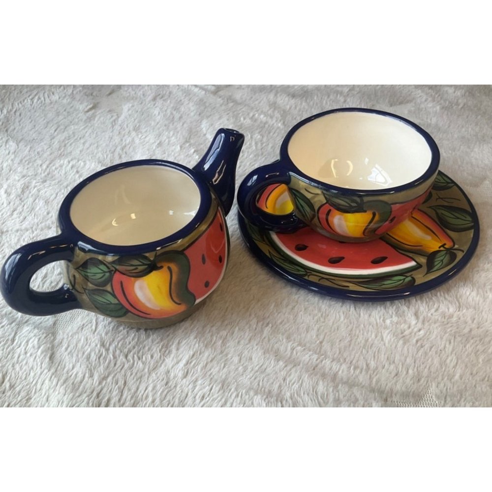 Bello Hugerz Hand Painted Tea set Ceramic 3 Pieces Colorful Fruits El Salvador C - Picture 2 of 10